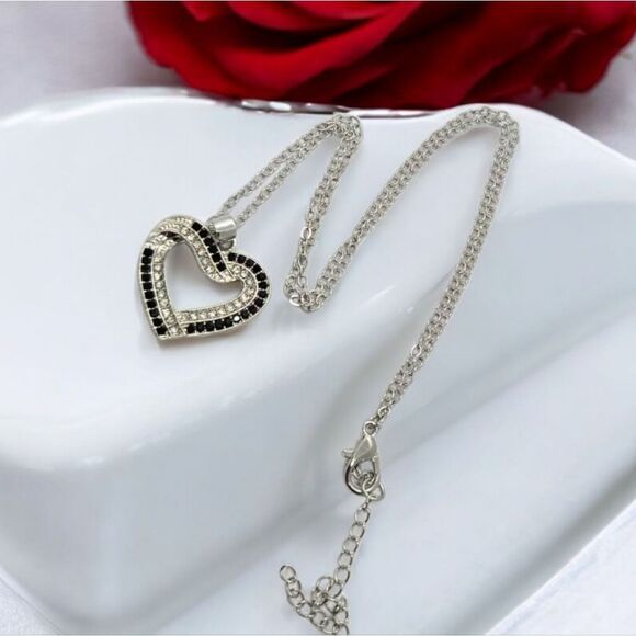 CZ Heart Necklace Double Layer Silver Black Zircon Open Pendant Sparkly Jewelry - Picture 7 of 7